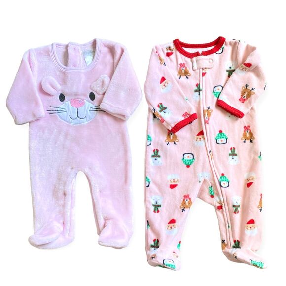 Infant Girl Sleepers Bodysuits 0-3 Months Lot of 2 Long Sleeve Soft Warm Pajamas - Picture 1 of 4